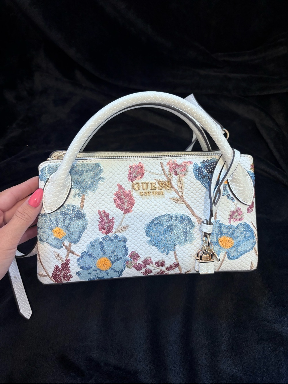 GUESS White Floral Mini Satchel with Blue & Pink Embroidery